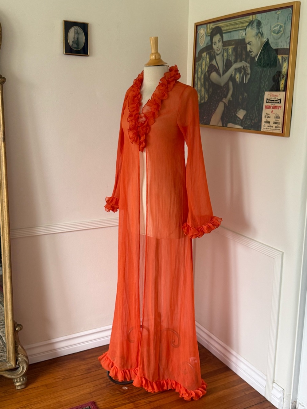 Vintage Inspired Sheer Orange Ruffled Long Robe